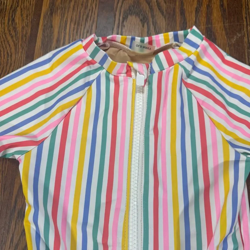 Old Navy 3T Rainbow Stripe Long Sleeve One Piece Swimsuit Rash Guard Zip Front